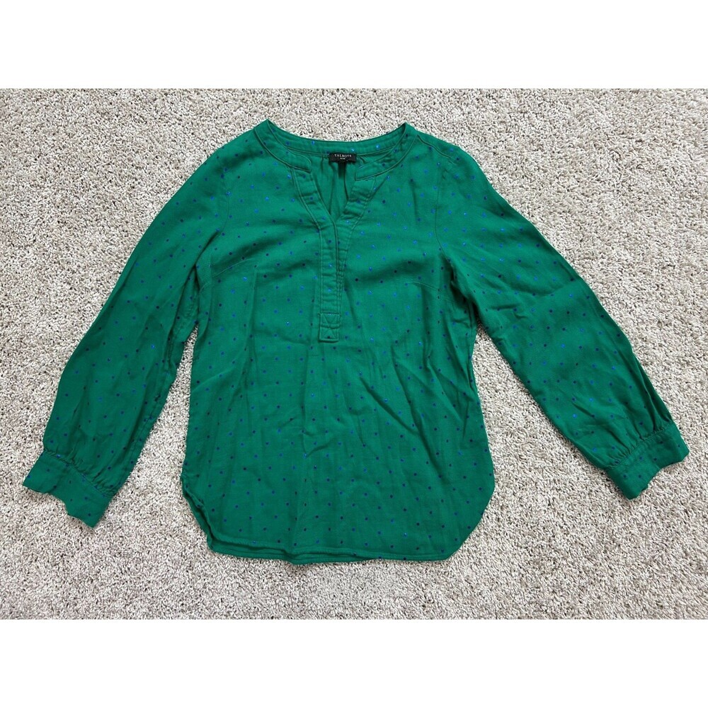 Talbots Top Womens sizeP Green Blue Polka Dot Shirt Casual 1/4 Button
